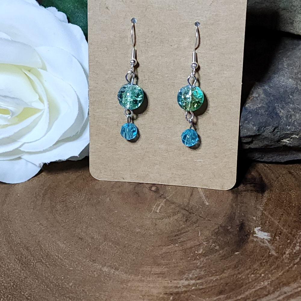 Hand Crafted Silver Toned Dangle Earrings With Blue & Green Crackled Glass